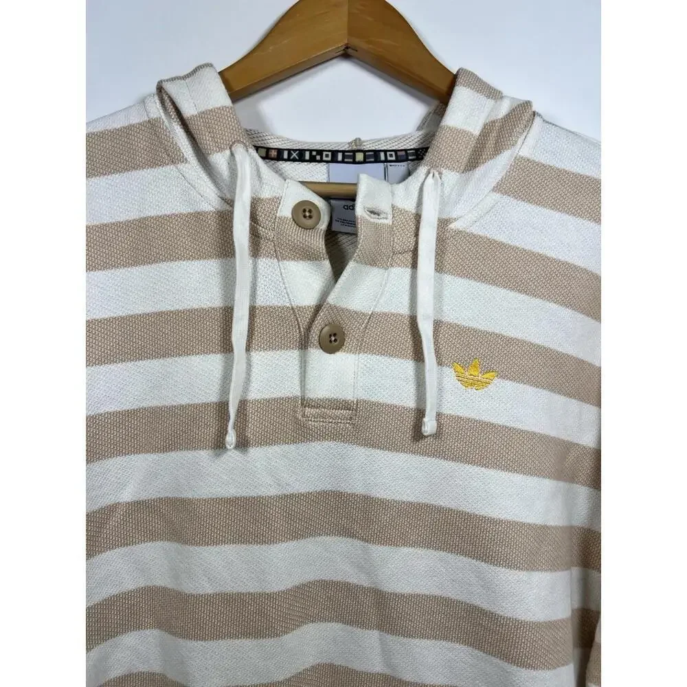 Adidas Originals Striped Hoodie Knit Tan White Men’s Sz M Resort Nautical